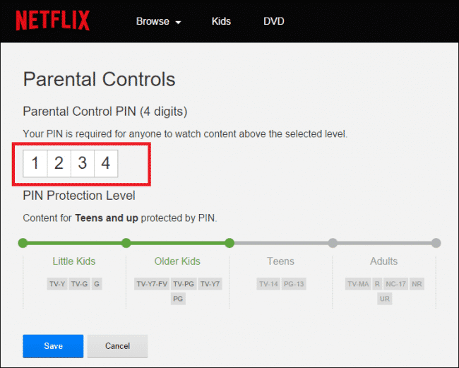 Entering 4-digit parental control PIN